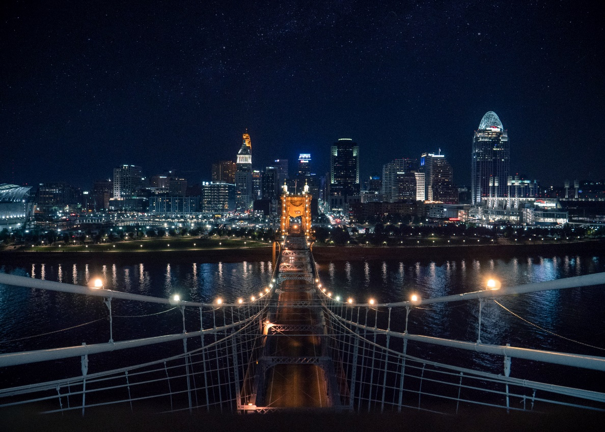 A suspension bridge in Ohio at night.